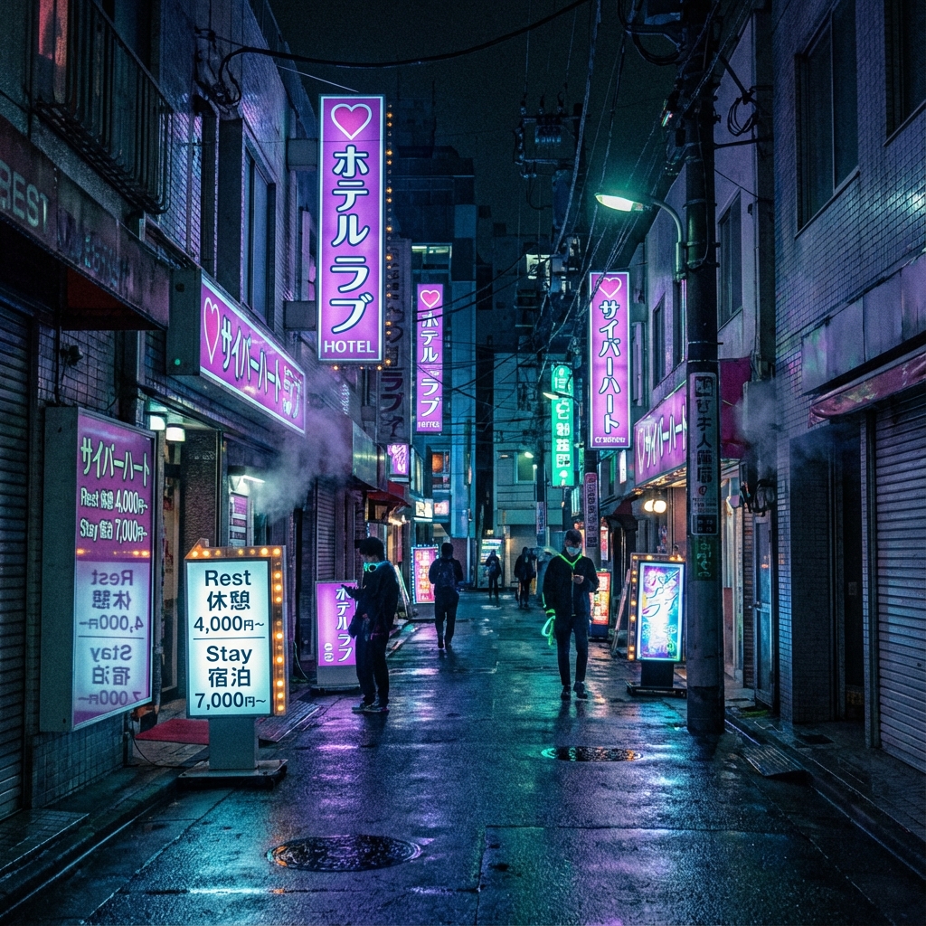 Neon lit love hotel street in Tokyo at night