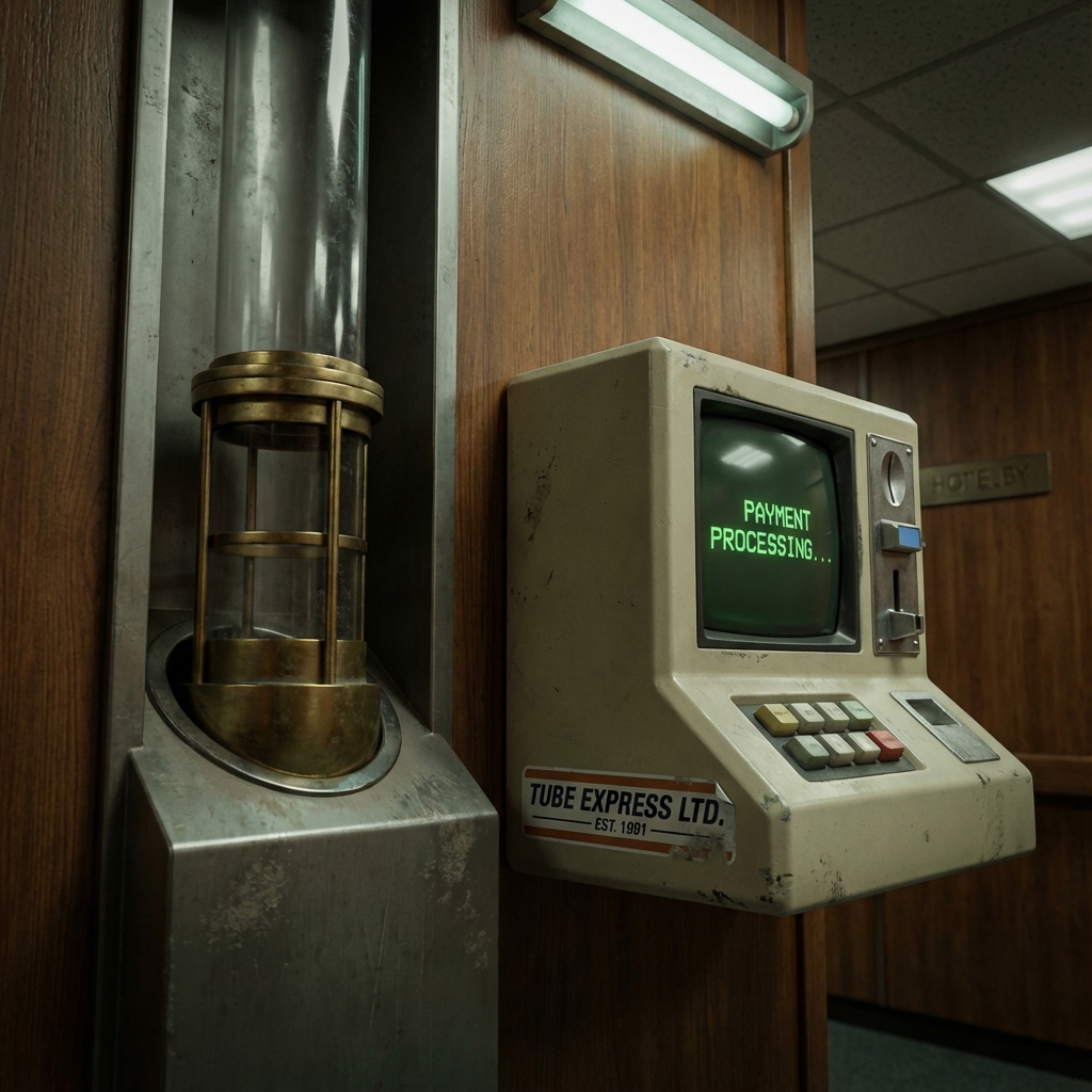 Retro pneumatic tube payment system in a Japanese love hotel